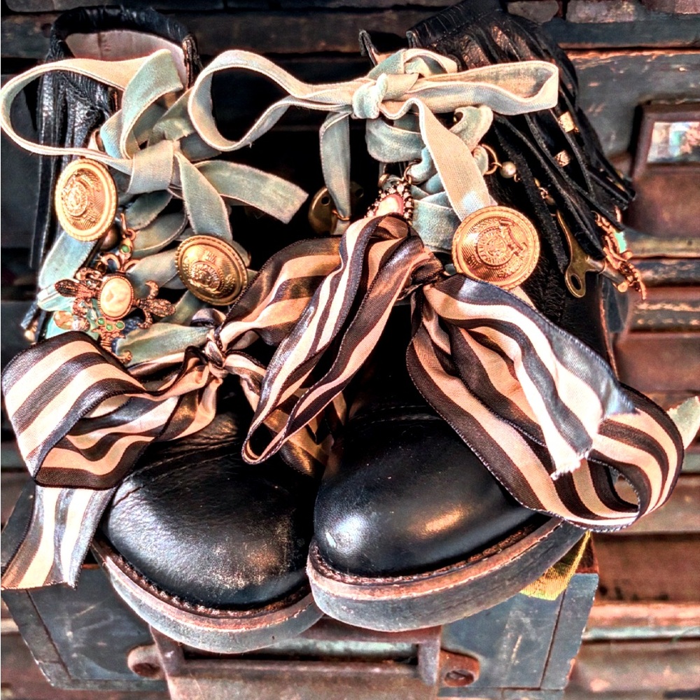 Upcycled decorated black fringed vintage leather combat granny boots boho grunge